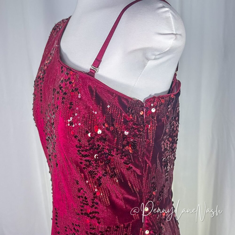 Kensie One-Shoulder Fit & Flare Sequin Velvet Formal Dress Burgundy - Picture 13 of 15